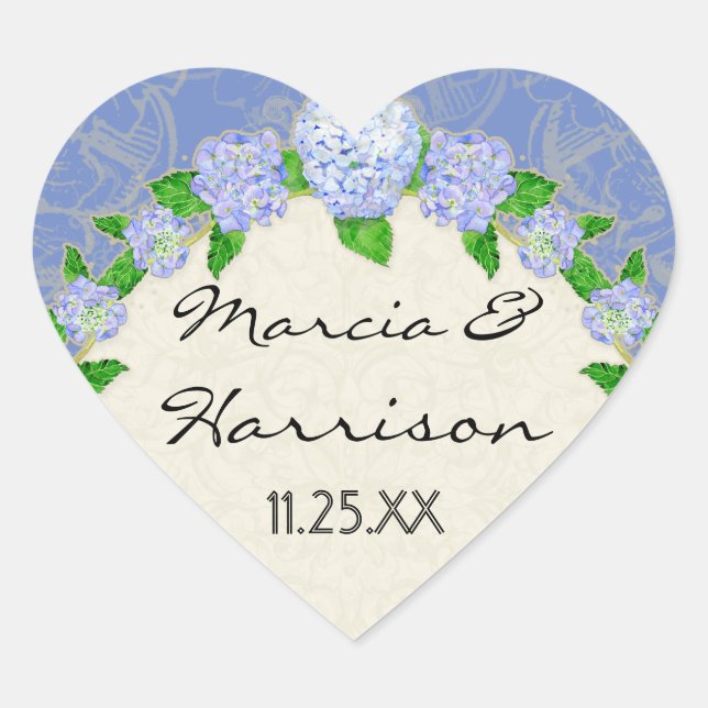 Blue Hydrangea Lace Floral Formal Elegant Weddings Heart Sticker (Front)