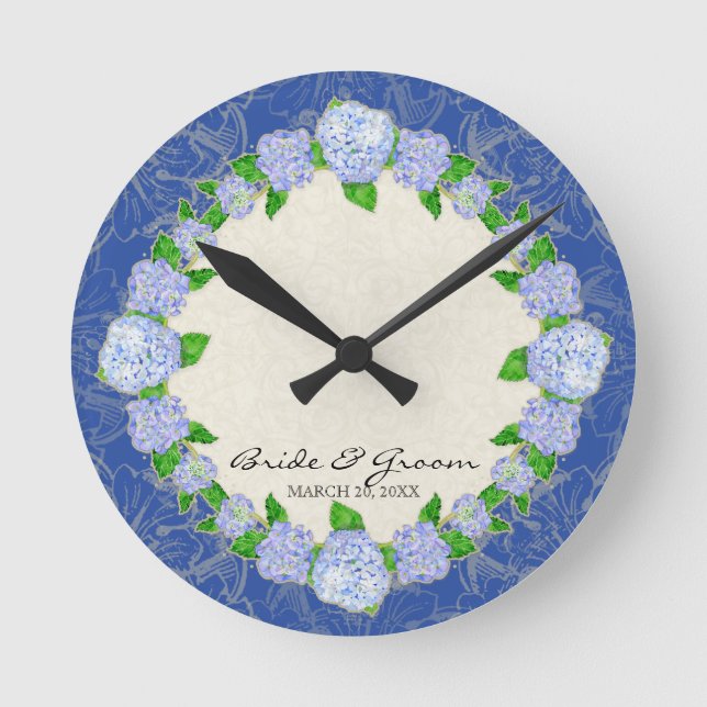Blue Hydrangea Lace Floral Formal Wedding Gift Round Clock (Front)