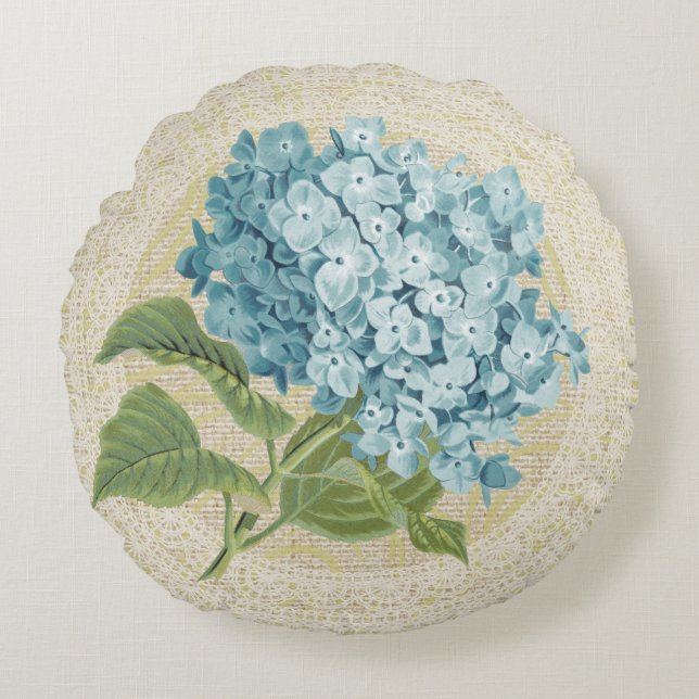 Blue hydrangea & lace floral vintage pillow (Front)