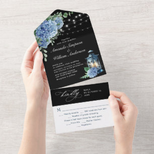Blue Hydrangea Lantern Black Background Wedding All In One Invitation