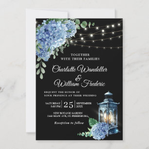 Blue Hydrangea Lantern Black Background Wedding Invitation