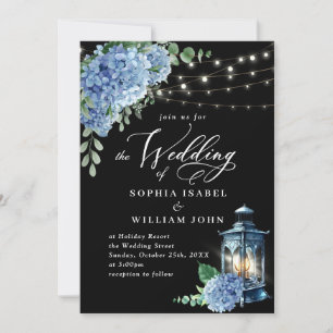 Blue Hydrangea Lantern Black Background Wedding Invitation