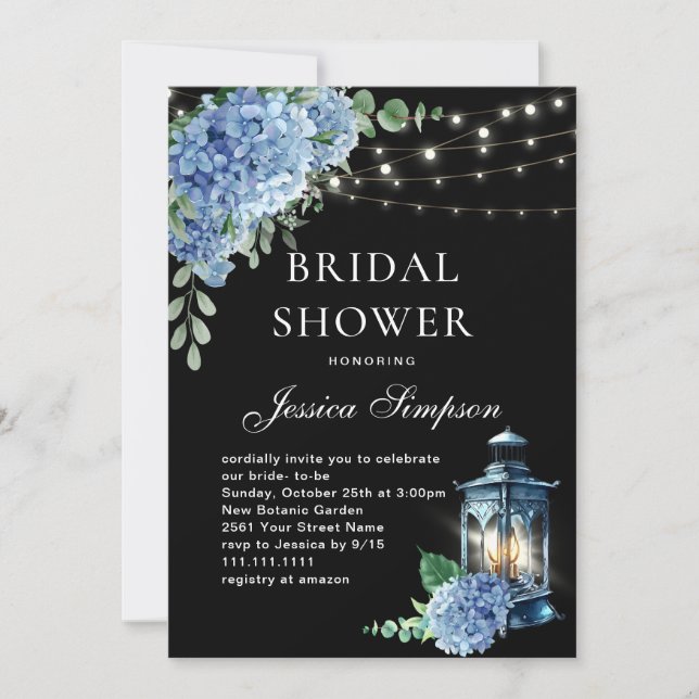 Blue Hydrangea Lantern Black Boho Bridal Shower Invitation (Front)