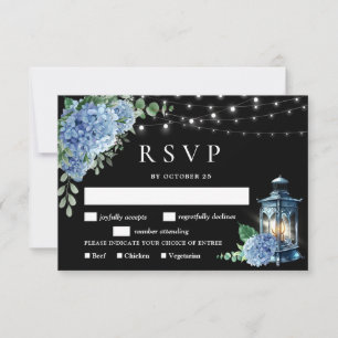 Blue Hydrangea Lantern Black Boho Wedding RSVP Card