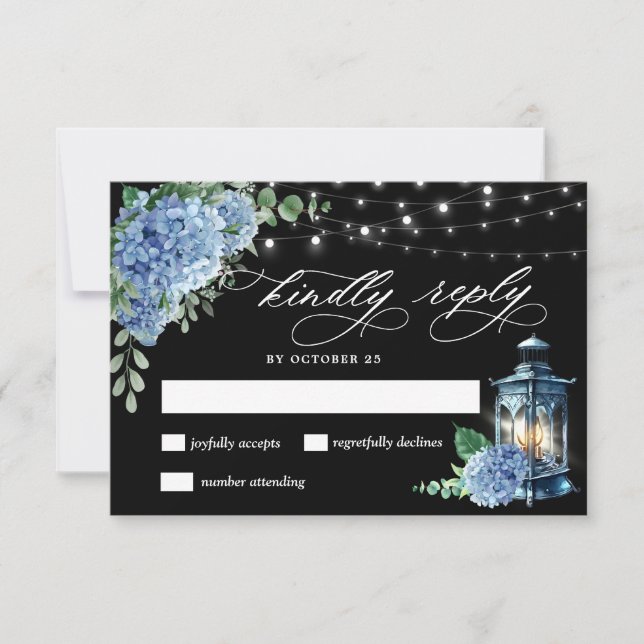Blue Hydrangea Lantern Black Boho Wedding RSVP Card (Front)
