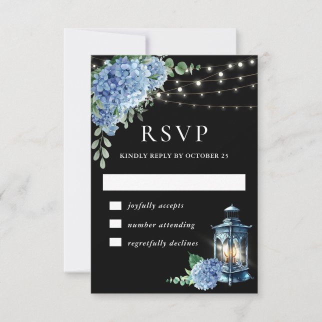 Blue Hydrangea Lantern Black Boho Wedding RSVP Card (Front)