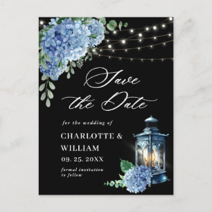 Blue Hydrangea Lantern Black Wedding Save the Date Postcard