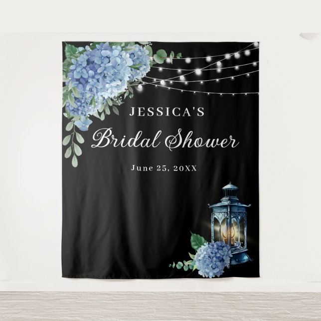Blue Hydrangea Lantern Boho Bridal Shower Backdrop Tapestry (Front)