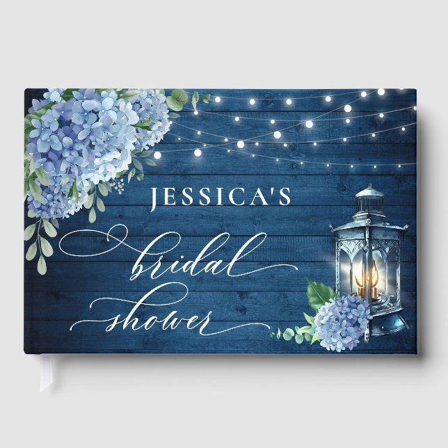 Blue Hydrangea Lantern Navy Wood Bridal Shower Guest Book (Front)