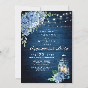 Blue Hydrangea Lantern Navy Wood Engagement Party Invitation