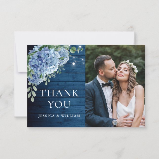 Blue Hydrangea Lantern Navy Wood Photo Wedding Thank You Card (Front)
