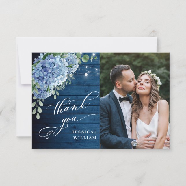 Blue Hydrangea Lantern Navy Wood Photo Wedding Thank You Card (Front)