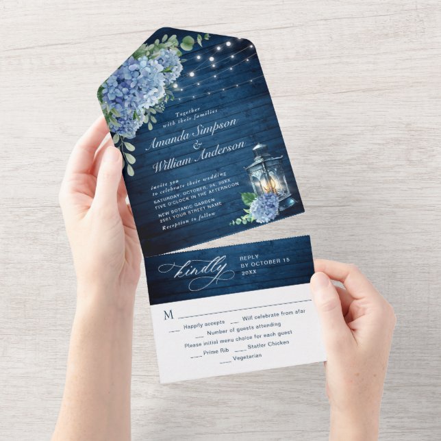 Blue Hydrangea Lantern Navy Wood Wedding All In One Invitation (Tearaway)