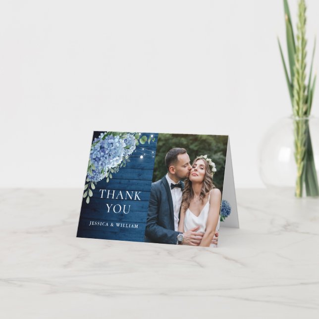 Blue Hydrangea Lantern Navy Wood Wedding Photo Thank You Card (Front)