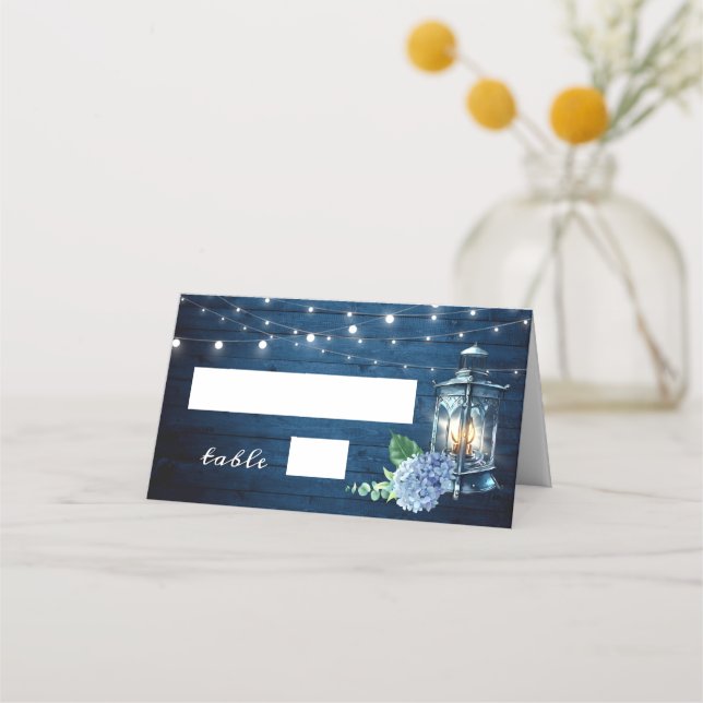Blue Hydrangea Lantern Navy Wood Wedding Table Place Card (Front)