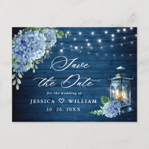 Blue Hydrangea Lantern Wedding Save the Date Postcard