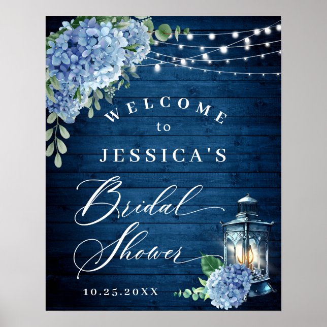 Blue Hydrangea Lantern Wood Boho Bridal Shower Poster (Front)
