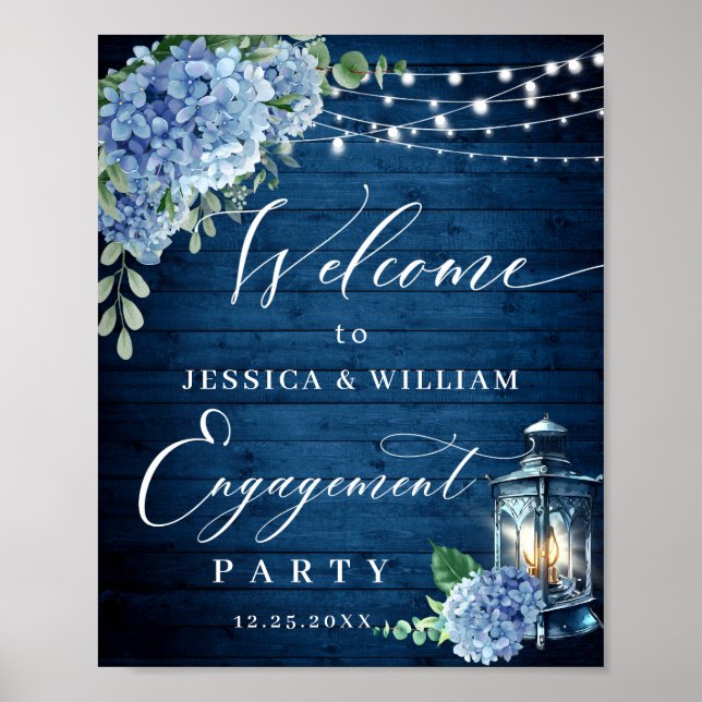Blue Hydrangea Lantern Wood Boho ENGAGEMENT PARTY Poster (Front)