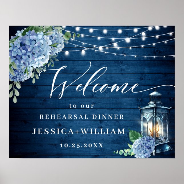Blue Hydrangea Lantern Wood Boho Rehearsal Dinner Poster (Front)