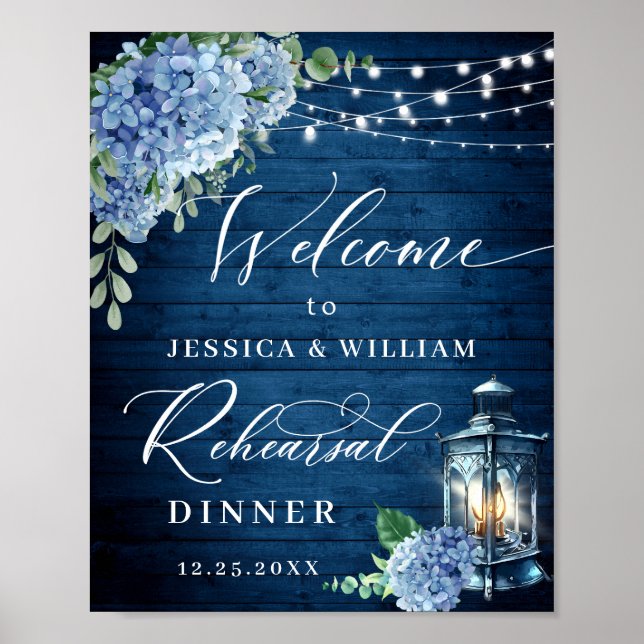Blue Hydrangea Lantern Wood Boho Rehearsal Dinner Poster (Front)