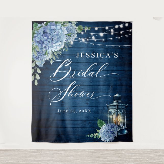 Blue Hydrangea Lantern Wood Bridal Shower Backdrop Tapestry (Front)