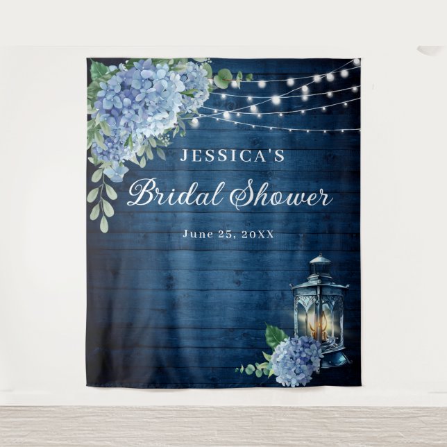 Blue Hydrangea Lantern Wood Bridal Shower Backdrop Tapestry (Front)