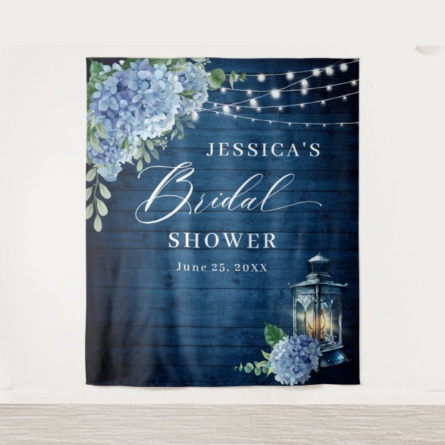 Blue Hydrangea Lantern Wood Bridal Shower Backdrop Tapestry (Front)