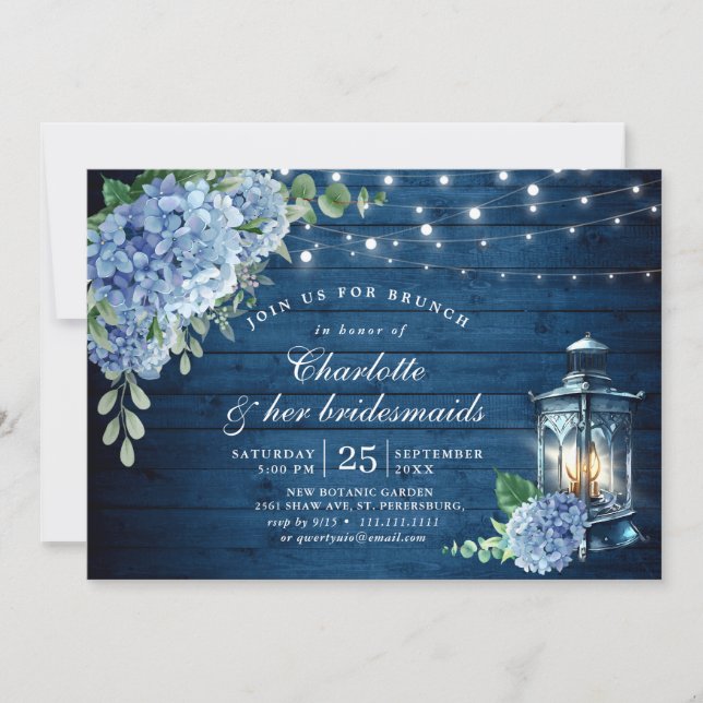 Blue Hydrangea Lantern Wood Bridal Shower Invitation (Front)
