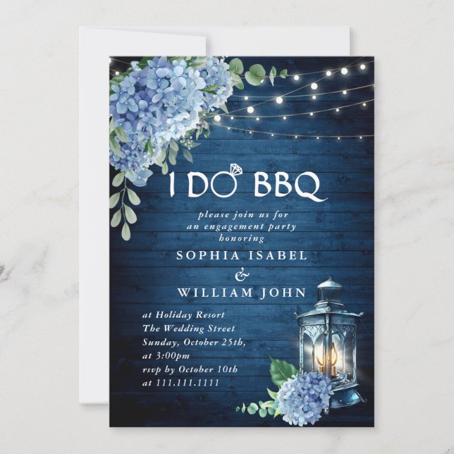 Blue Hydrangea Lantern Wood Engagement Party Invitation (Front)