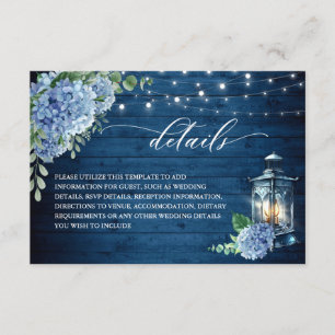 Blue Hydrangea Lantern Wood Wedding Details Enclosure Card