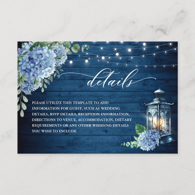 Blue Hydrangea Lantern Wood Wedding Details Enclosure Card (Front)