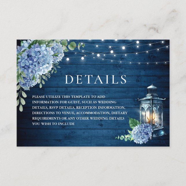 Blue Hydrangea Lantern Wood Wedding Details Enclosure Card (Front)
