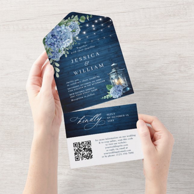 Blue Hydrangea Lantern Wood Wedding QR code All In One Invitation (Tearaway)