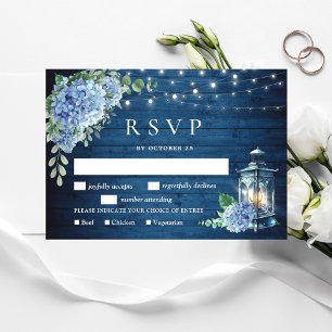 Blue Hydrangea Lantern Wood Wedding Rustic RSVP Card