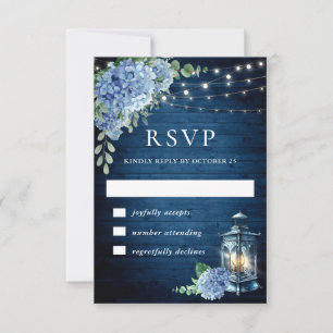 Blue Hydrangea Lantern Wood Wedding Rustic RSVP Card
