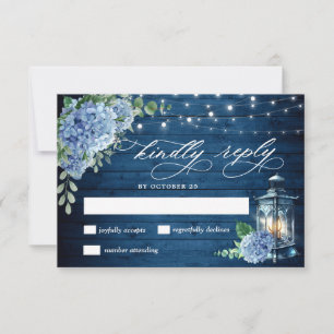 Blue Hydrangea Lantern Wood Wedding Rustic RSVP Card