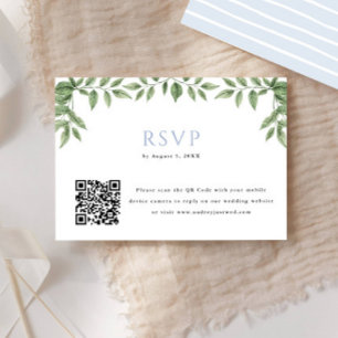 Blue Hydrangea Leaf QR Code Wedding Reply RSVP Card