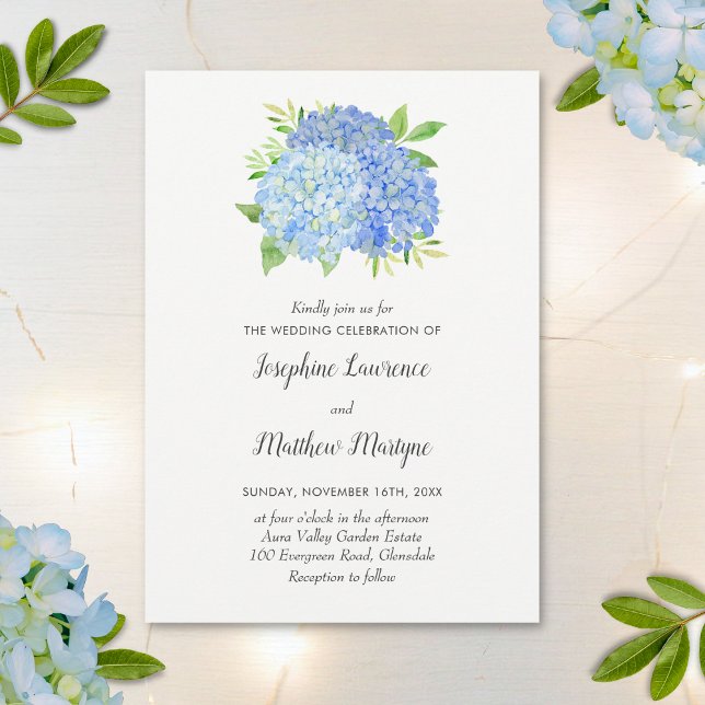 Blue Hydrangea Leaves Floral Watercolor Wedding Invitation (Creator Uploaded)