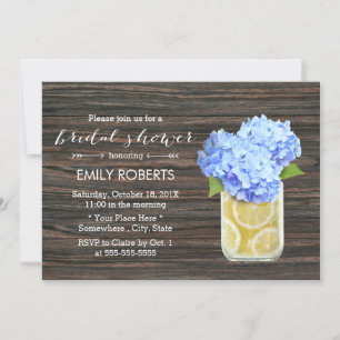 Blue Hydrangea & Lemons Jar Wood Bridal Shower Invitation