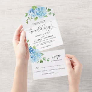 Blue Hydrangea Light Floral Botanical Wedding All In One Invitation