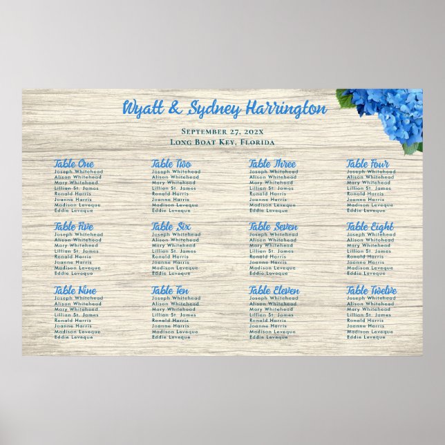 Blue Hydrangea Light Wood Table Seating Chart (Front)