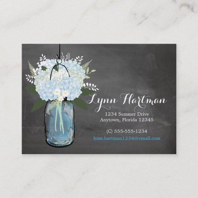 Blue Hydrangea Mason Jar Chalkboard | Calling Card (Front)