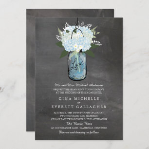 Blue Hydrangea Mason Jar Chalkboard   Wedding Invitation