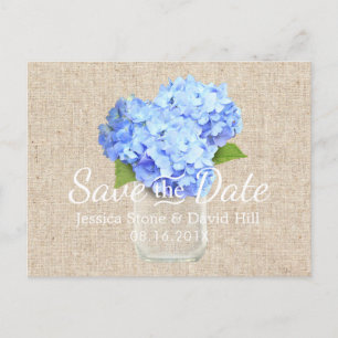 Blue Hydrangea Mason Jar Wedding Save the Date Announcement Postcard