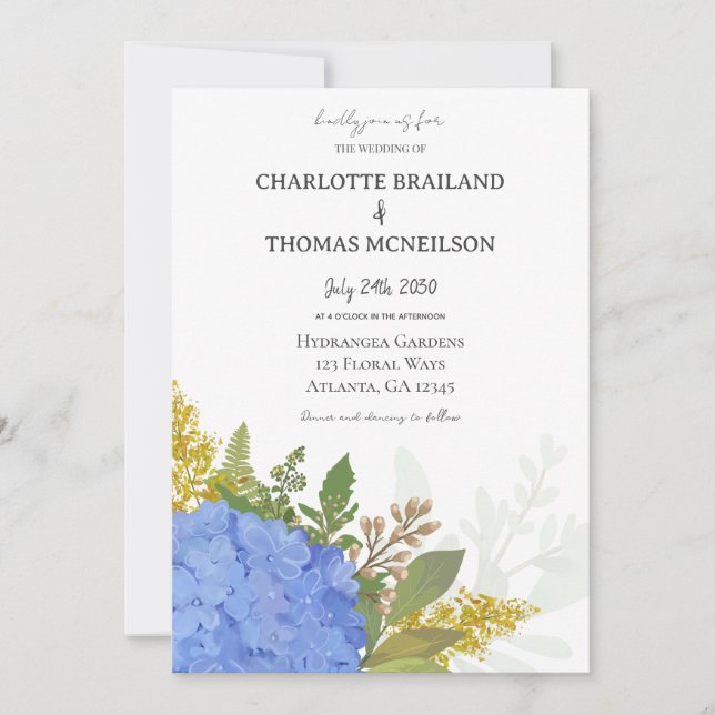 Blue Hydrangea Modern Artistic Floral Wedding Invitation (Front)
