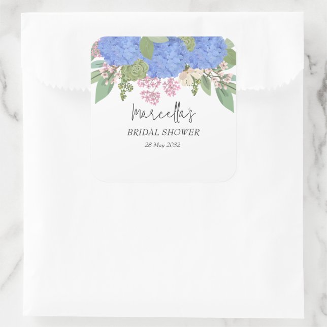 Blue Hydrangea Modern  Floral Bridal Shower Napkin Square Sticker (Bag)