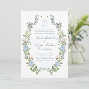 Blue Hydrangea Monogram Crest Wedding Invitation