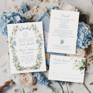 Blue Hydrangea Monogram Crest Wedding Invitation
