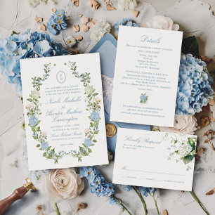 Blue Hydrangea Monogram Crest Wedding Invitation
