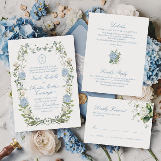 Blue Hydrangea Monogram Crest Wedding Invitation
